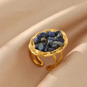 Bague en acier inoxydable plaqué or 18k pierre naturelle rétro pierre concassée géométrique