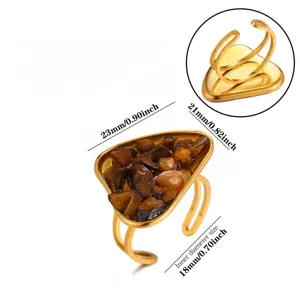 Bague Ouverte Géométrique en Pierre Naturelle Concassée Plaqué Or 18K Acier Inoxydable