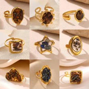 Rétro 304 Acier Inoxydable Plaqué Or 18K Géométrique Irrégulier Ovale Étoile Réglable Bague Ouverte pour Femme Bijoux Cadeau