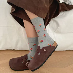 Grey women mid-calf socks with cute floral embroidery, soft knit for autumn winter daily wear.