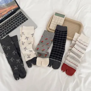 Korean ins style autumn winter women split-toe mid-tube socks cute floral bow cozy design.