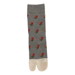 Korean style cute floral print split toe socks for women, cozy winter midi stockings.