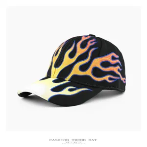 Detail of American style flame embroidered baseball cap, street hip hop trendy hat for unisex.