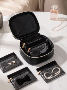 Portable multi-layer travel jewelry cosmetic storage bag set with transparent pouches.