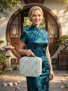 Large capacity portable cosmetic bag with elegant blue and white floral pattern for travel use.