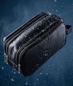 Waterproof black multi-zipper travel toiletry bag cosmetic makeup storage organizer detail.