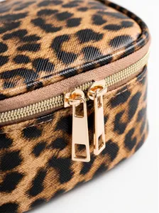 Leopard print cosmetic makeup bag detail shot with gold zipper hardware, portable travel case.