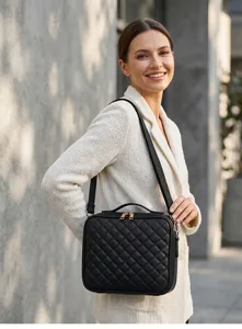 Black quilted cosmetic bag with LED mirror, large capacity portable makeup organizer case.