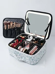 LED light makeup case with mirror large capacity portable cosmetic storage bag detail