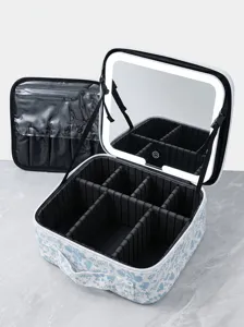 LED makeup case detail view showing adjustable dividers, lighted mirror, and portable design.