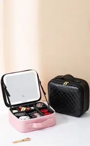 Portable large capacity makeup organizer bag with LED lighted mirror and DIY dividers.