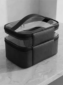 Gedetailleerd overzicht van de zwarte, dubbellaagse transparante cosmetische tas, waterdicht.