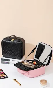 Detailed view of the portable makeup bag featuring an integrated LED lighted mirror and storage.
