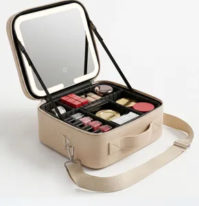 Large capacity portable makeup case with LED lighted mirror and adjustable dividers beige color.