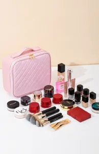Pink Quilted Travel Makeup Organizer Bag Portable Large Capacity Cosmetic Storage Case