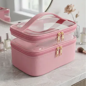 Roze dubbellaags doorzichtige cosmetische tas waterdichte make-up organizer case
