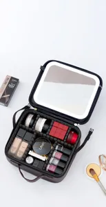 Portable travel makeup bag with LED mirror, multi-compartment organizer case for cosmetics.