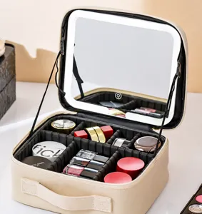 Portable cosmetic bag with LED light strip mirror, large capacity makeup storage organizer case.