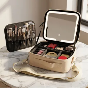 Portable makeup case with LED light mirror and large capacity storage box for cosmetics