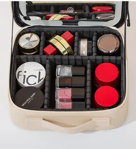 Portable makeup bag with LED mirror, large capacity cosmetic organizer with adjustable dividers.