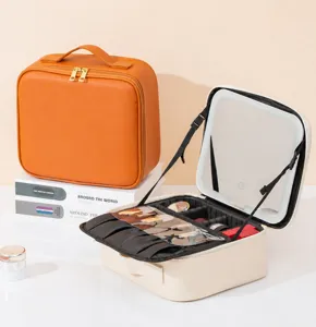 Large capacity portable cosmetic bag with LED light mirror, PU leather travel makeup organizer case.