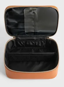 Large capacity cosmetic bag travel toiletry organizer with compartments and mirror inside.