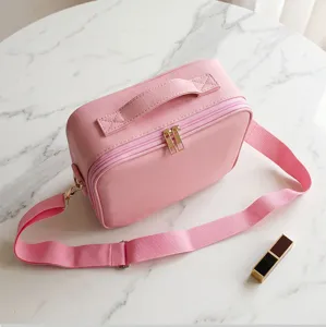 Pink PU leather cosmetic bag with handle and strap large capacity portable makeup organizer case