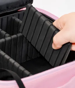 Makeup case detail view, black EVA foam adjustable divider for custom cosmetic storage organization