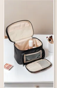 Portable travel makeup bag with multi-compartments and large capacity for daily organization.