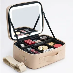Portable LED lighted makeup case with adjustable dividers and mirror, perfect for travel storage.