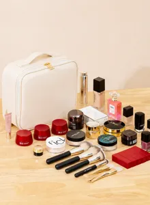 Large capacity portable cosmetic bag detail showing organized makeup tools and skincare products.