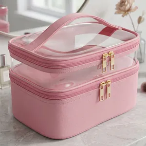 Transparante Dubbele Laag Cosmeticatas Grote Capaciteit Waterdicht PU Leer Reis Toiletartikelen Organizer Make-up Etui