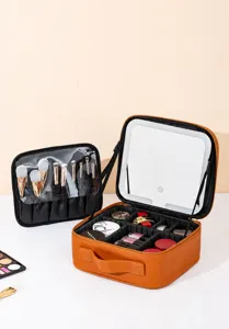 Portable LED lighted makeup case with mirror, large capacity cosmetic storage box for travel.
