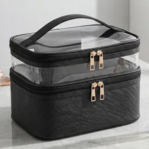 Dubbellaagse doorzichtige make-up tas grote capaciteit reizen cosmetische organizer