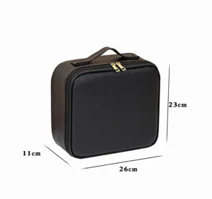 Black leather makeup bag detail showing dimensions, large capacity portable storage case.