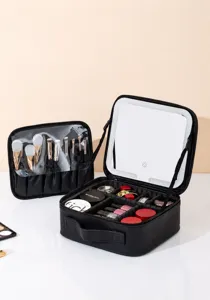 Large capacity makeup case with LED lighted mirror, portable cosmetic organizer box for travel.