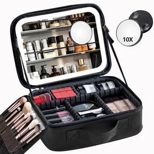 Travel Makeup Case With LED Lighted Mirror PU Leather Waterproof Cosmetic Bag Portable Storage Organizer Box