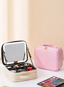 LED lighted makeup bag with mirror large capacity cosmetic organizer box for travel storage