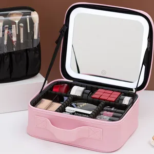 Portable PU Leather Travel Cosmetic Bag With LED Lighted Makeup Mirror Waterproof Storage Organizer Box For Women