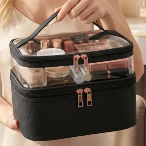 Transparante dubbellaagse cosmetische tas waterdichte make-up organizer met handvat goud