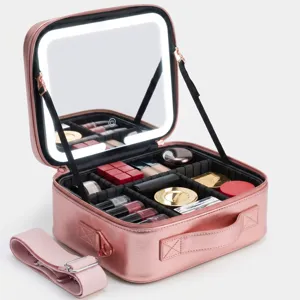 Portable pink makeup case with LED lighted mirror, large capacity travel cosmetic organizer.