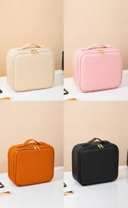 Portable cosmetic bag with double zipper, stylish storage pouch for daily travel and makeup.