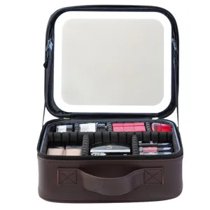 Travel makeup case with LED lighted mirror, adjustable compartments, and portable cosmetic organizer.