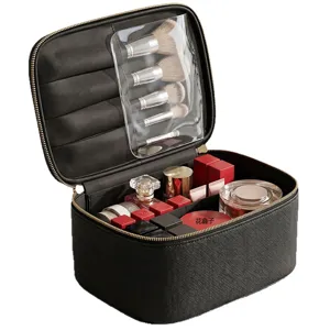 Large capacity black cosmetic bag portable travel makeup organizer multi-compartment storage case