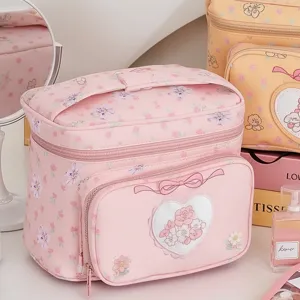 Pink floral PU cosmetic bag, large capacity travel makeup pouch for daily use and travel.