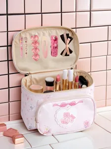 Pink floral large capacity cosmetic bag for travel, cute PU leather portable makeup organizer.