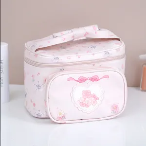 Pink floral cosmetic bag large capacity travel PU storage bag with bow and handle daily use
