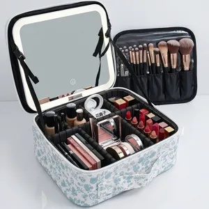 Large Capacity Portable Travel Cosmetic Bag With LED Lighted Mirror PU Leather Waterproof Makeup Organizer Case