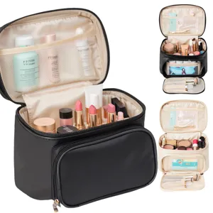 Large capacity waterproof travel cosmetic bag with multiple brush compartments for daily use.