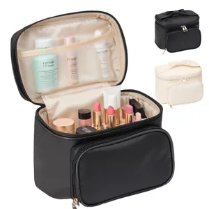 Large capacity waterproof makeup bag with brush holders and compartments for travel use.